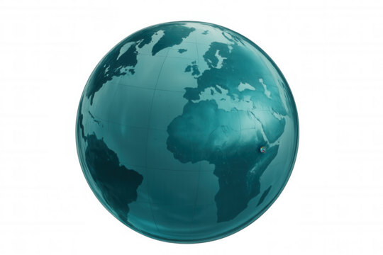 Glass world sphere spinning, highlighting europe and africa landmasses against transparent backdrop, representing global connectivity and environmental themes