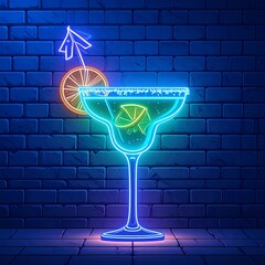 A vibrant neon illustration of a margarita cocktail against a dark brick wall, showcasing bright blue, orange, and lime accents.