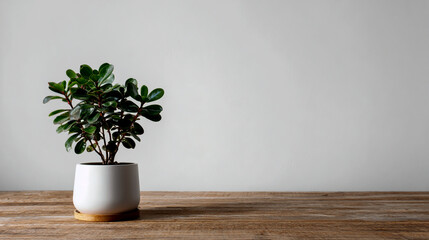 Fototapeta premium Photo of a potted plant in a white pot on a wooden table against a white background