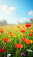 Fototapeta premium A vibrant, sun-drenched field of wildflowers swaying gently in the breeze, embodying pure joy and serenity Perfect for concepts of happiness, peace, and natural beauty , wildflowers, blooming