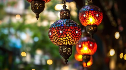 A vibrant display of colorful Turkish mosaic lamps hanging from a ceiling, casting a warm glow with a blurred background of greenery and bokeh lights.