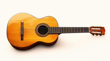 A classical guitar with a wooden body and a black pickguard, placed on a white background with a soft shadow, highlighting its natural wood grain