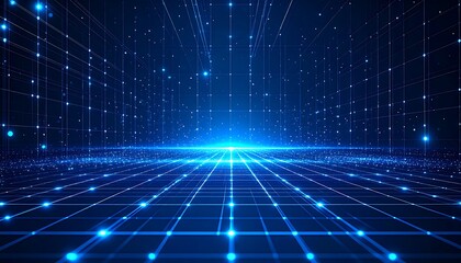 Abstract digital grid network.  Intricate glowing blue lines and points create a futuristic cityscape