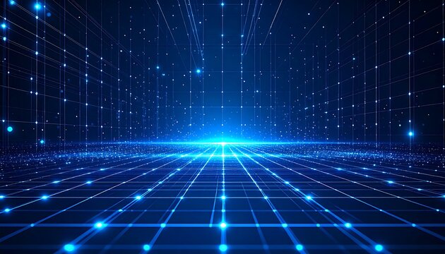 Abstract digital grid network.  Intricate glowing blue lines and points create a futuristic cityscape