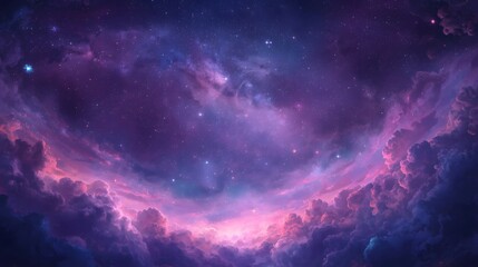 A breathtaking view of a cosmic sky, where glowing purple and pink clouds open into the vast expanse of the galaxy, with stars and nebulae stretching upward like a celestial pathway.