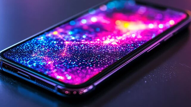 Contemporary smartphone positioned on dark surface with abstract digital display of glowing interconnected particles in blue purple pink for AI future technology global data network concept