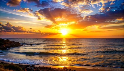 A breathtaking coastal sunset paints the sky and sea in fiery hues, with dramatic clouds reflecting golden light across the waves.