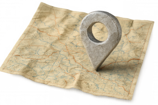 Metallic location icon pinpoints a specific spot on a vintage, creased map, set against a transparent background