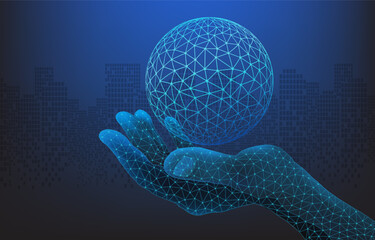 Abstract hand holding globe on blue background. Futuristic pattern. Molecular biology. Technologies of the future. Geometry and Mathematics. Human hand from polygonal mesh. Polygonal sphere.