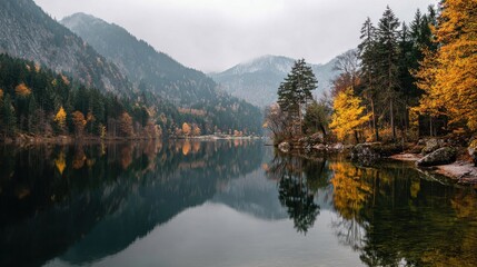 A serene lake surrounded by mountains and vibrant autumn foliage, reflecting the colorful trees and cloudy sky.