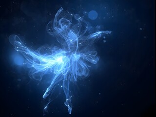 Fototapeta premium A glowing ballerina made of light and energy performs gracefully in the darkness, her tutu and form shimmering with flowing, translucent energy patterns.