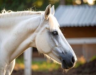 A close-up profile view of a serene, white horse, bathed in soft sunlight, with a blurred background of a rustic outdoor setting.