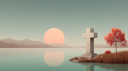 a stunning sunset over a lake with a cross monument and a tree with vibrant red leaves