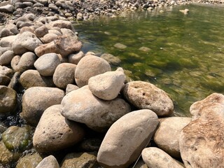 Natural shoreline of rocks and algae-covered water, showcasing a tranquil and earthy environment