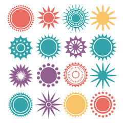 Fototapeta premium Assorted sunburst designs in various colors arranged in a grid pattern on a white background