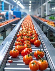 Fresh tomatoes move along a modern industrial conveyor belt system in a brightly lit processing facility.
