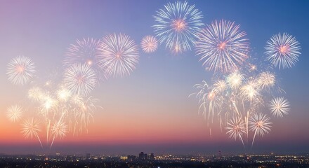 Fototapeta premium Colorful fireworks explode over a city skyline at dusk with a gradient sky celebration night