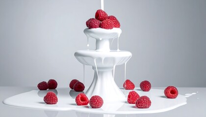 A cascading display of white liquid surrounds a tiered stand, adorned with plump red raspberries.