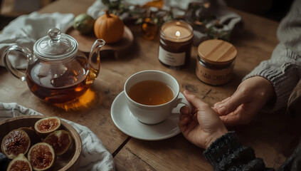 Cozy autumn breakfast by the window with tea, figs, pastries and candles