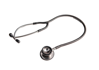 Close-up of a medical stethoscope, metallic gray, curved binaurals, circular diaphragm