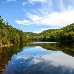 Obraz premium Tranquil lake reflecting autumn sky