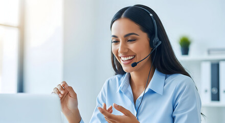 Friendly customer service representative assisting clients with a smile