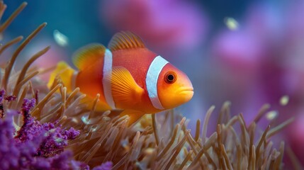 Obraz premium Medium shot of a bright orange clownfish nestled among sharpfocus tentacles with a backdrop of softly blurred multicolored coral and darting tiny fish.