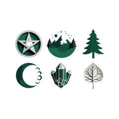 Obraz premium Mystic Nature Symbols Spiritual Pentagram Crescent Moon Crystals Forest Pine Tree Leaf Isolated Transparent