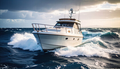 Naklejka premium Luxury yacht boat sailing on rough ocean water with dramatic cloudy sky and sunlight breaking through, creating adventurous and dynamic maritime scene