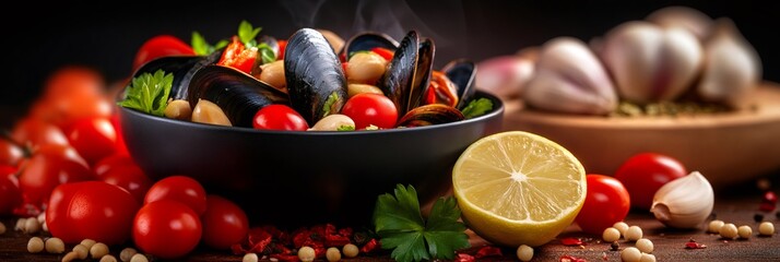 Steaming mussels with cherry tomatoes, beans, lemon and garlic on wooden table