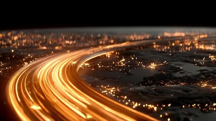 Golden light trails curving over a dark globe-like surface dotted with city lights - Powered by Adobe