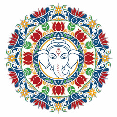 Colorful circular mandala featuring the Hindu deity Ganesha surrounded by lotus flowers.