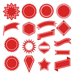 Collection of red promotional badges and ribbons with white outlines on a white background for advertising use