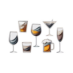 Variety of alcoholic and non alcoholic beverages served in modern glasses isolated on transparent background