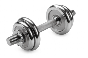 Chrome dumbbell isolated on transparent background promoting healthy lifestyle