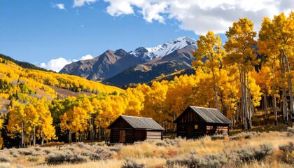 Autumnal mountain scene with cabins