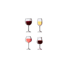 Four Wine Glasses with Red White and Rose Wines Isolated on Transparent Background for Celebration and Enjoyment