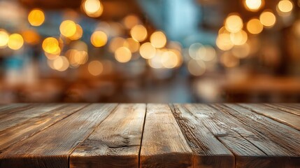Wooden table top with blurred background of warm lights, creating cozy atmosphere perfect for gatherings or dining experiences.
