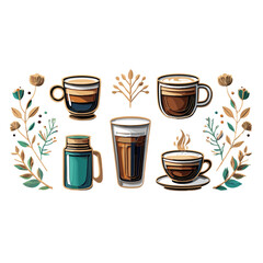 Collection of Delicious Coffee Drinks with Frothy Foam and Decorative Elements Isolated on Transparent Background