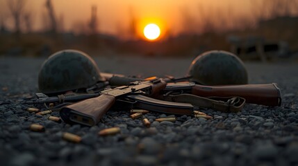 Abandoned military helmets and rifles scattered on rocky ground, with bullet casings nearby, silhouetted against a vivid orange sunset in the distance.