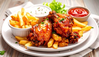 Crispy chicken wings and french fries on a plate