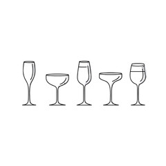 Five Elegant Crystal Champagne Flutes Coupe Glasses and Martini Glasses in a Row Isolated on Transparent Background