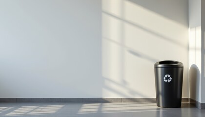Modern trash can positioned in a clean room interior promoting smart recycling solutions and waste management