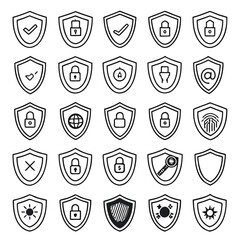 Collection of security shield icons with various symbols in a simple outlined vector design style set up