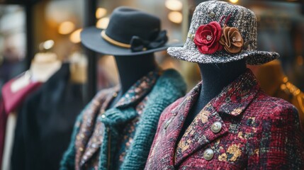 Obraz premium Two mannequins wearing colorful clothing, one with a hat and a flower, standing in front of a store window display with other clothing items.