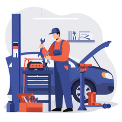 Fototapeta premium Flat 2D vector illustration of a skilled mechanic in blue overalls diligently working on a car engine in a tidy garage, holding a wrench amidst neatly arranged tools on a workbench.