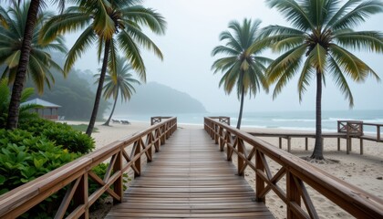 Serene wooden boardwalk leading to a beautiful beach with soft sand and gentle waves under a clear blue sky