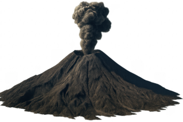 Volcano erupting with large smoke plume on transparent background