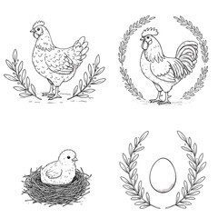 A handdrawn collection of chicken life cycle illustrations rooster hen chick and egg.