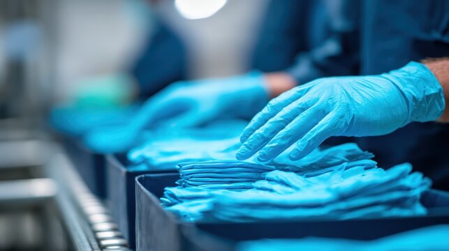 Closeup medium shot of a shipment of disposable gloves being organized for distribution gloves in sharp focus while the worker and loading area remain blurred.